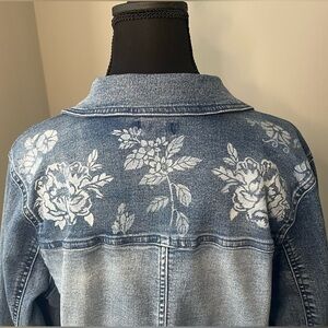 VENUS Blue Upcycled Painted Stenciled Floral Denim Jacket OOAK